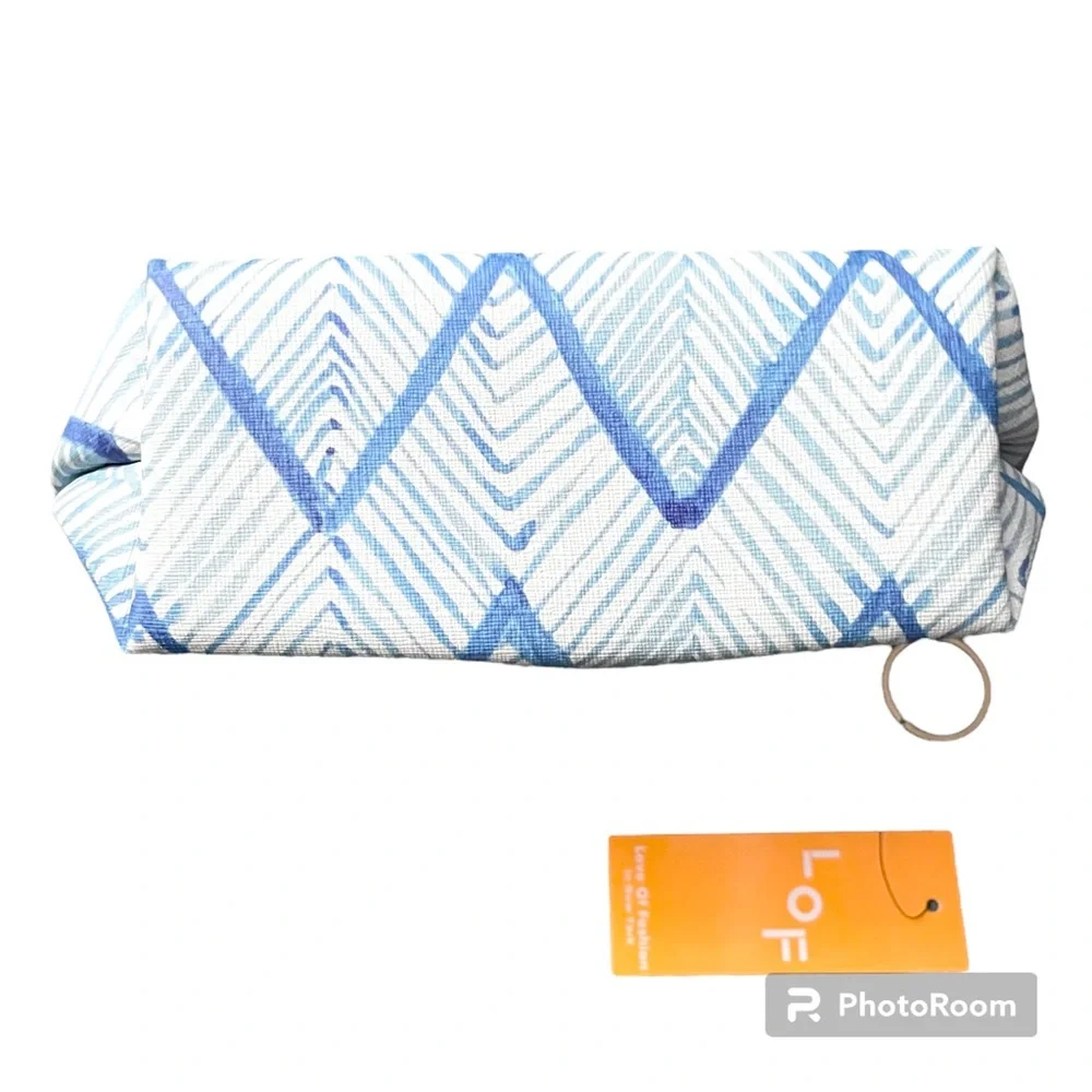 Cosmetic Makeup Pouch Clutch Bag Set - Blue White Chevron & Lady With Cat
